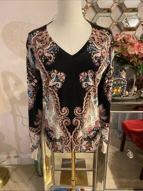 Etro Black Paisley V-Neck Sweater with Pink and Blue Accents 46